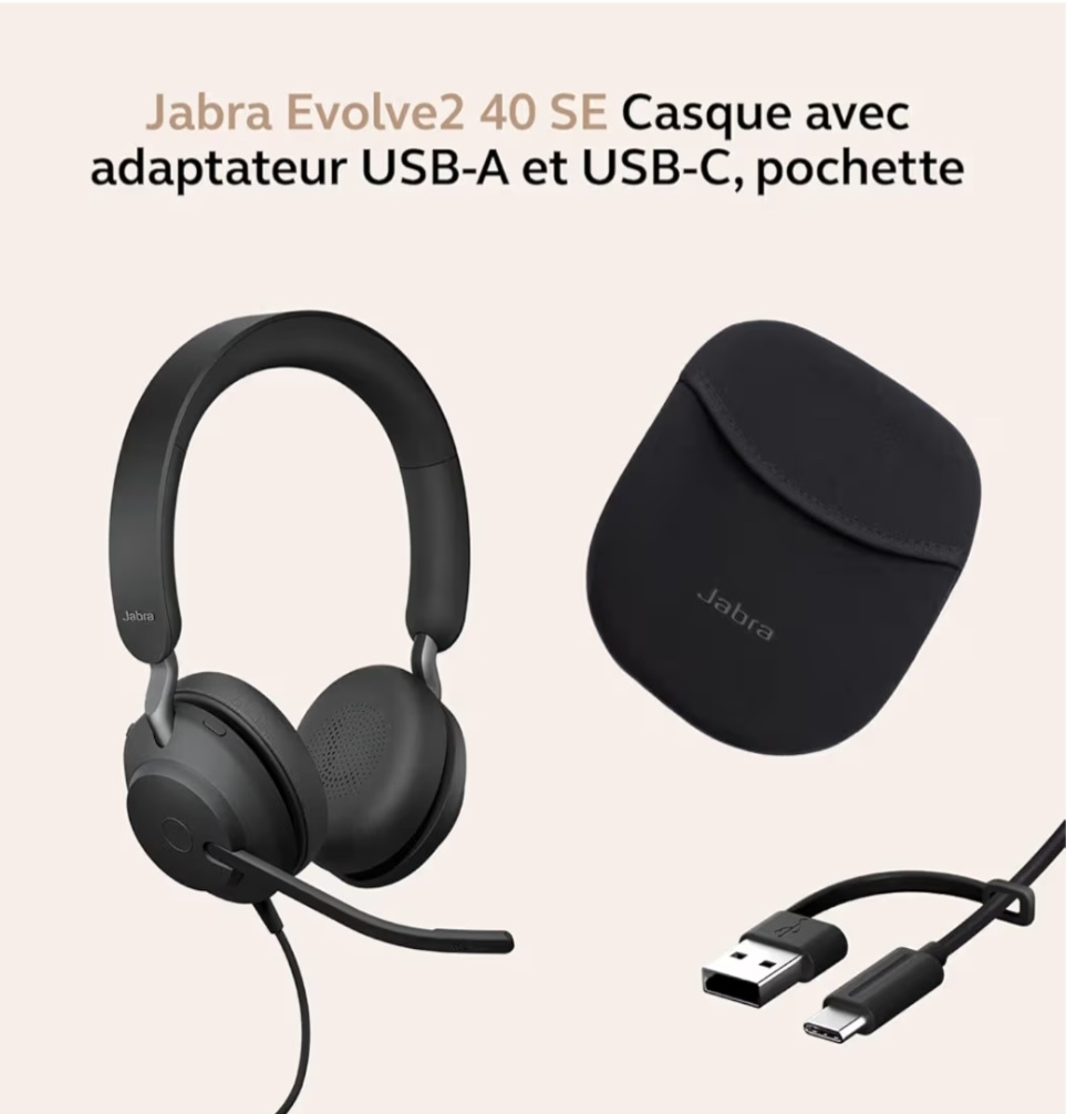 [HSC130] Jabra Evolve2 40 SE Casque stéréo Filaire antibruit avec Technologie d'appel à 3 micros et câble USB-A 