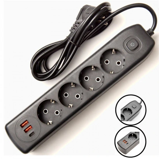 [Q603] Extension cable for 4 sockets + 2 USB, Type-C, 2 m, Q603, Black