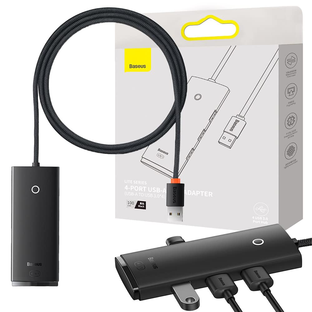 [WKQX030301] Baseus USB Hub USB 3.0, 4-Ports USB Splitter Power Hub Adapter USB Extension 5Gbps High-Speed Data Hub with USB C Charging Compatible for MacBook, iMac, Surface Pro, XPS, PC, USB Flash Drive (BLACK)